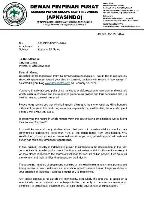 Apkasindo Layangkan Surat Protes ke Bill Gates Soal Isu Negatif Sawit