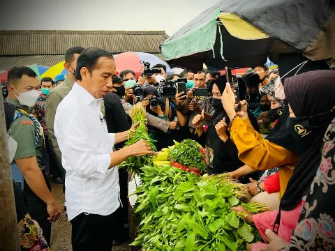 Presiden Bagikan Bansos dan Cek Harga Minyak Goreng di Pasar Baros