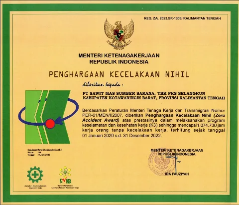 PT Sawit Sumbermas Sarana Tbk. Mendapatkan Penghargaan Kecelakaan Nihil